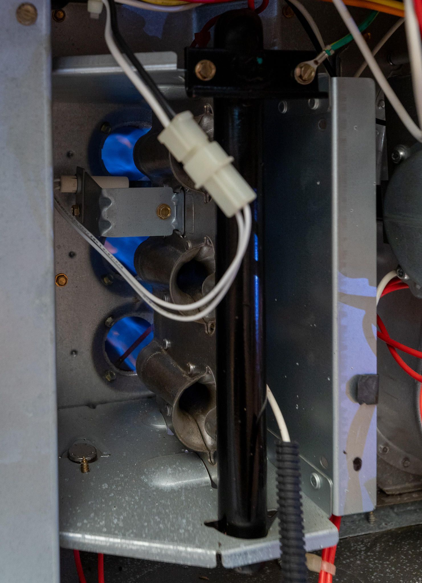 Furnace interior with blue burner tubes, black pipe, and wiring.