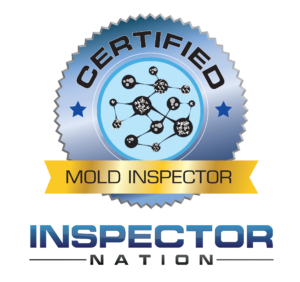 Certified Mold Inspector badge with a silver, blue, and gold design. Text: INSPECTOR NATION.