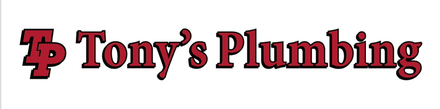 A red logo for tony 's plumbing on a white background