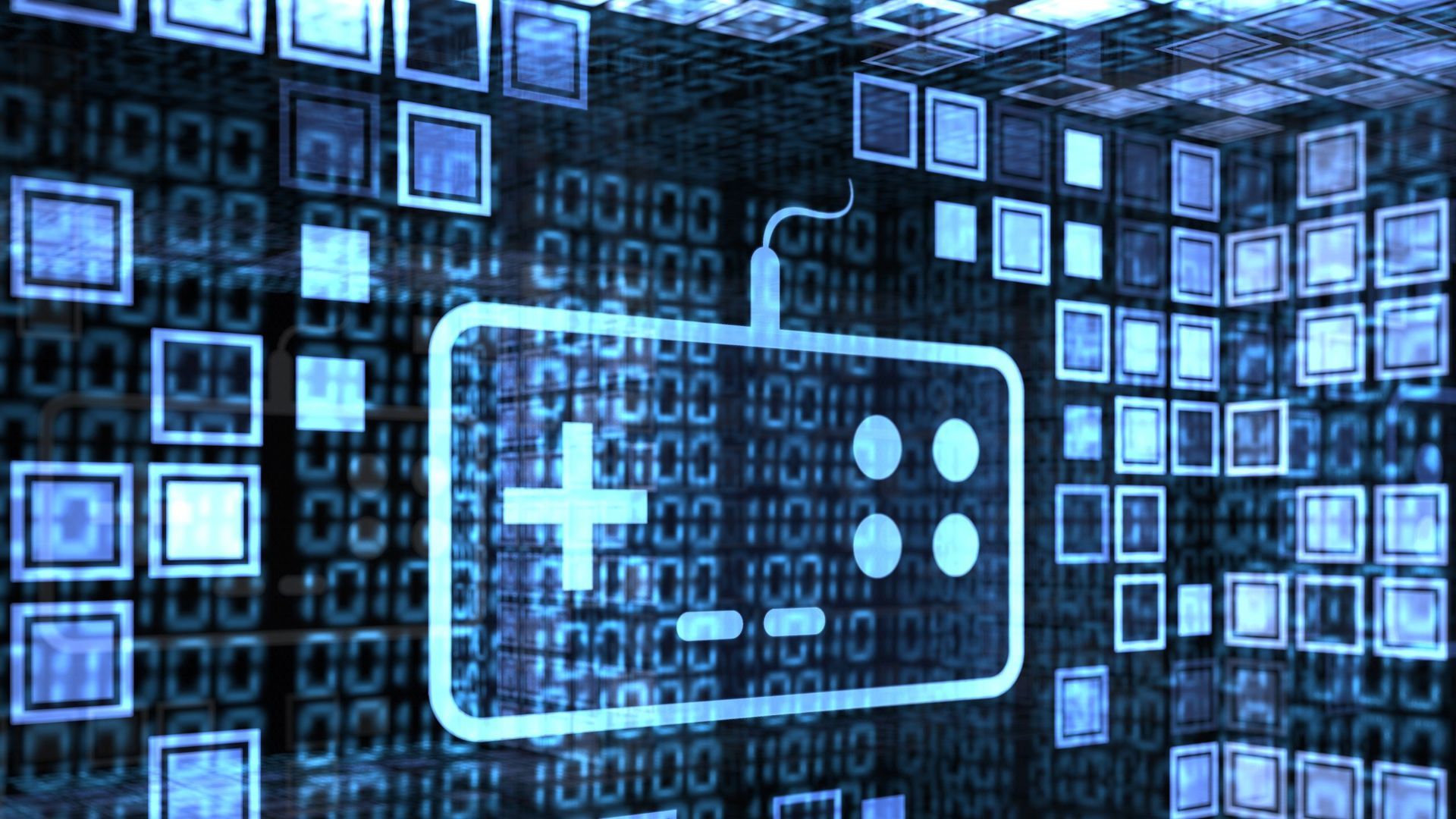 A glowing blue game controller over a digital binary code background.