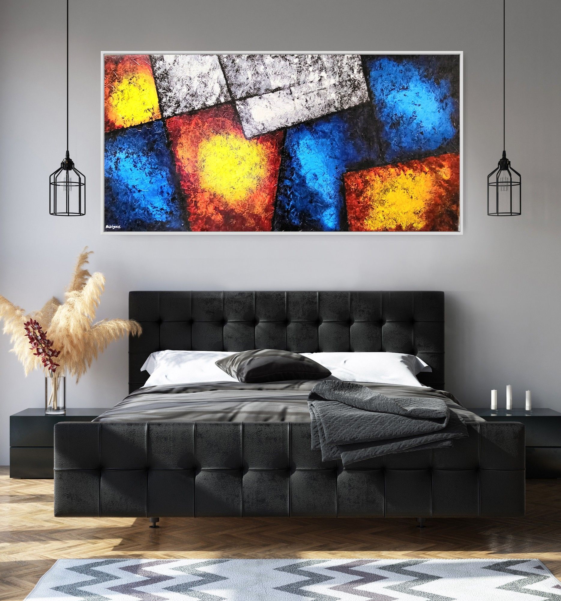 Fragments of Space an art piece of geometric shapes with textures and bold bright colors.