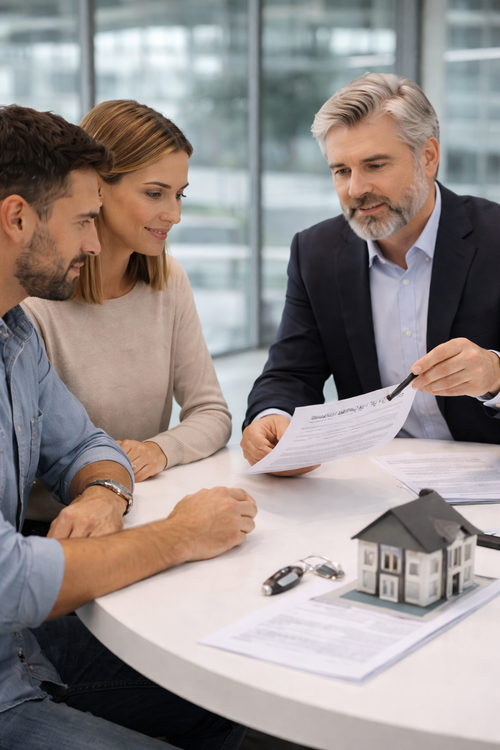 A professional advisor shows a contract to a couple at a table with a small house model and car keys.