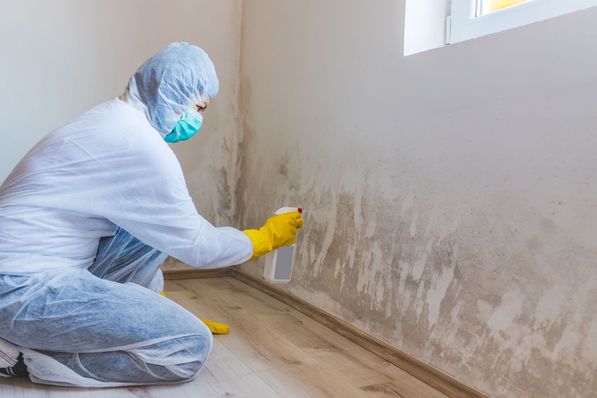 Person in protective gear sprays disinfectant along a wall in a room with a window.
