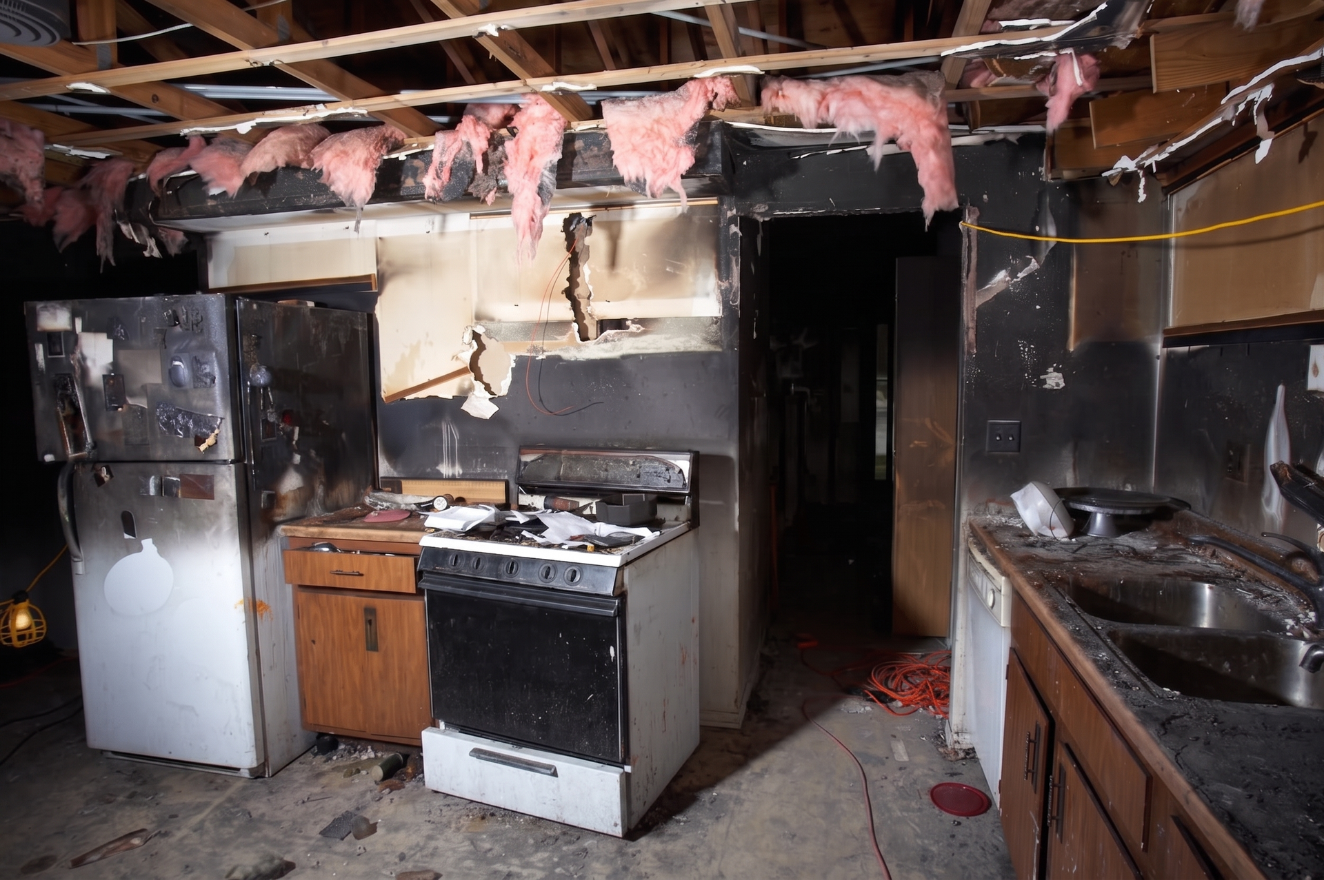 Severely fire-damaged kitchen with a melted stove, damaged ceiling, and debris on the floor