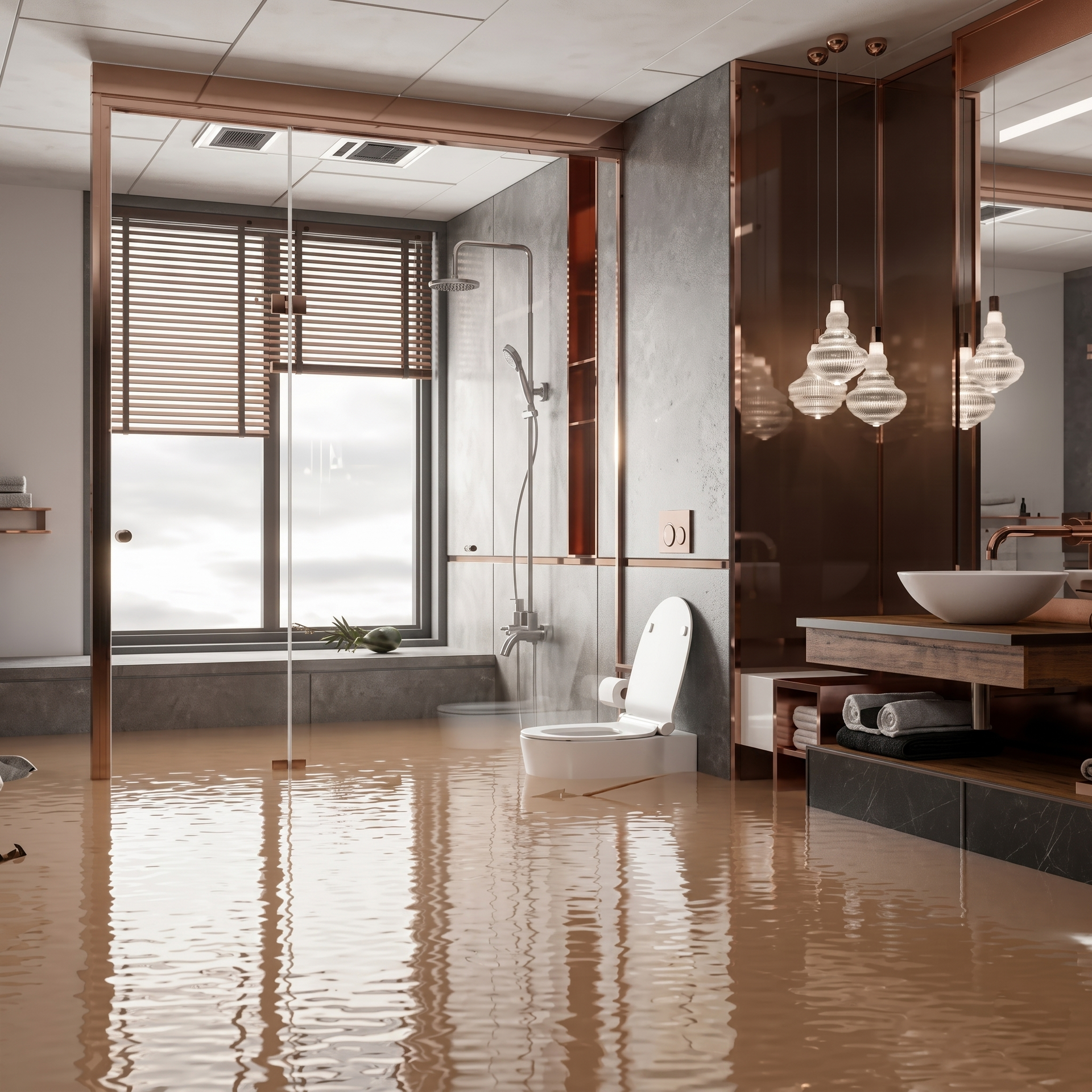 Flooded modern bathroom with muddy water, window blinds, toilet, sink, and hanging pendant lights