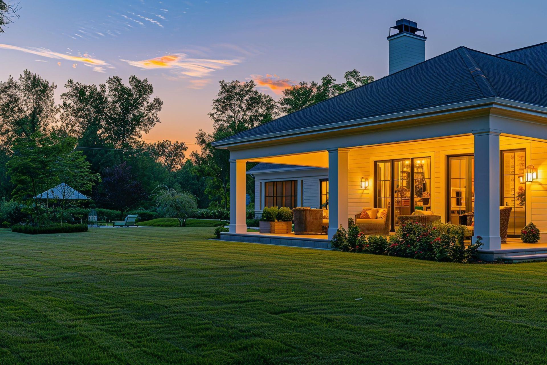A covered patio with a table and chairs under a roof.