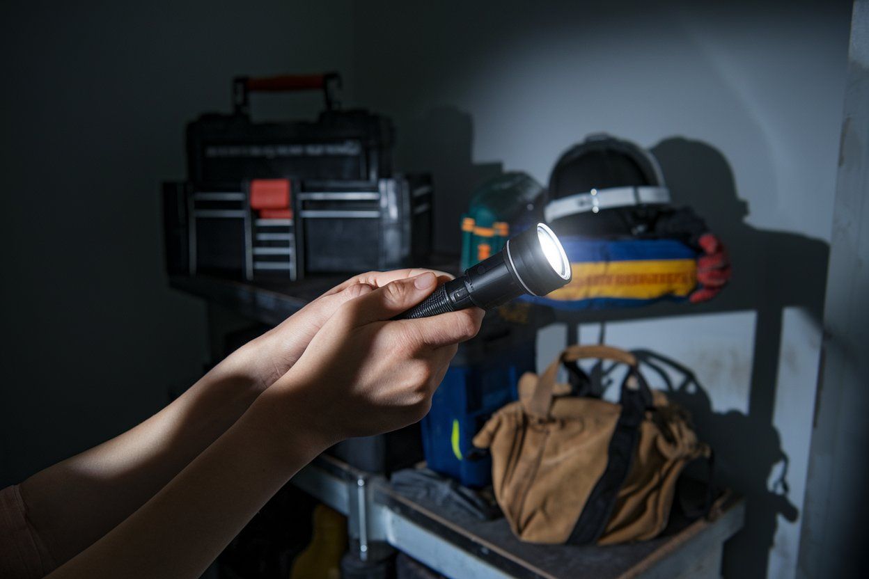 A person is holding a flashlight in a dark room.