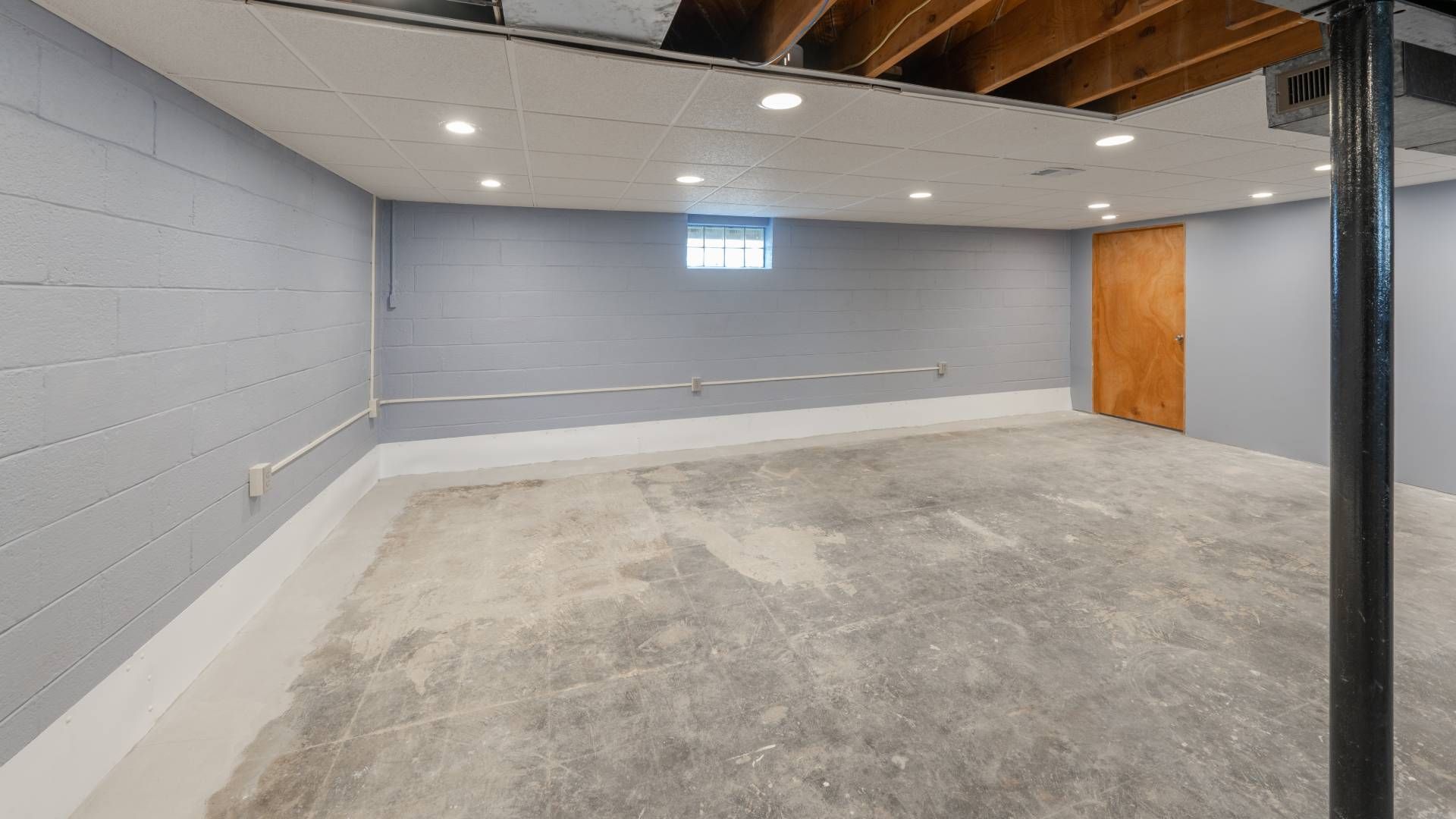 An empty basement with a concrete floor and a wooden door.