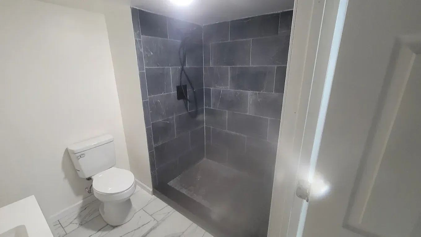 A bathroom with a toilet and a walk in shower.