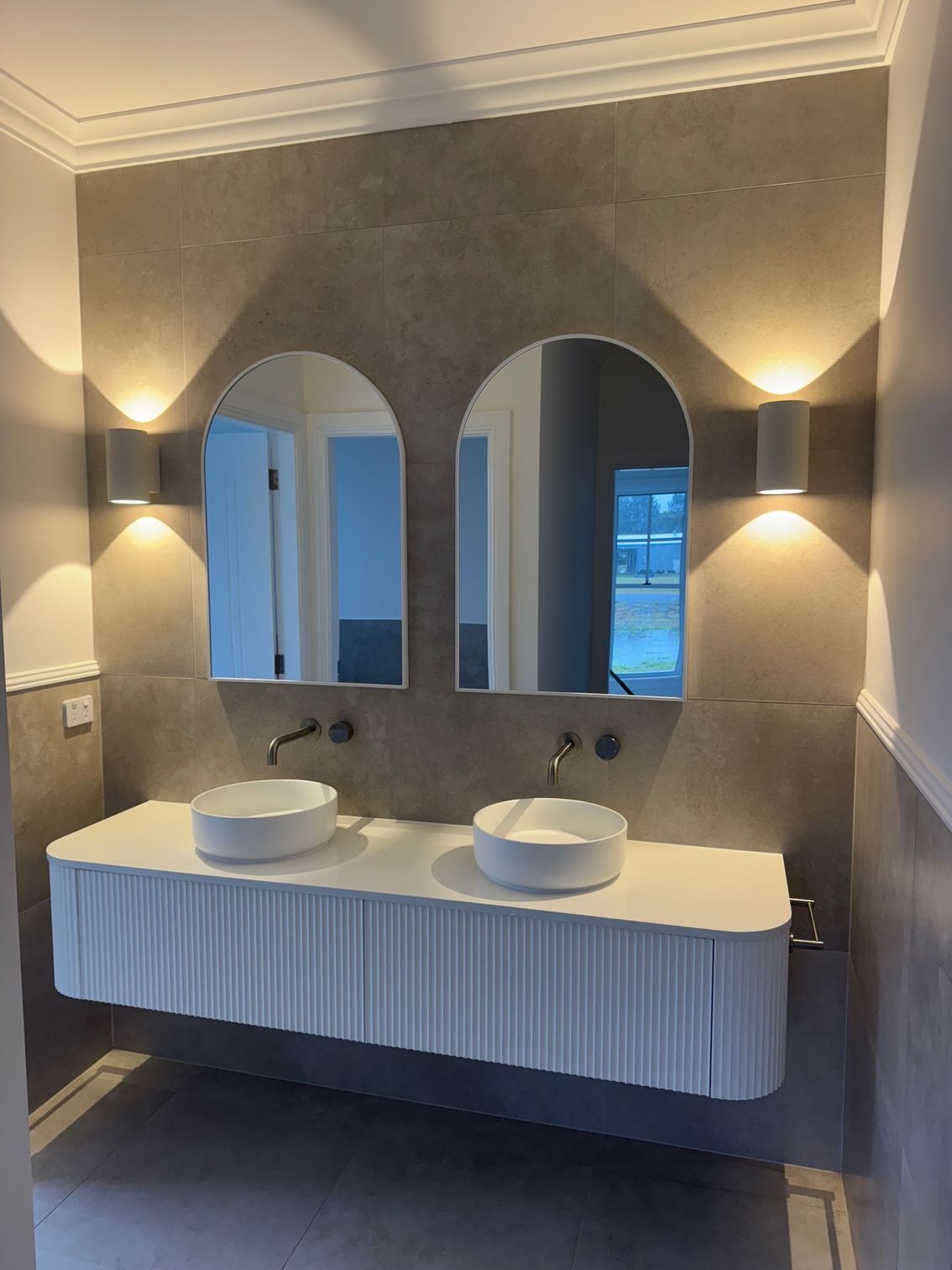 A bathroom with two sinks and two mirrors — Anderson Electrical & Air in Taree, NSW