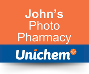 The logo for john 's photo pharmacy is orange and blue.