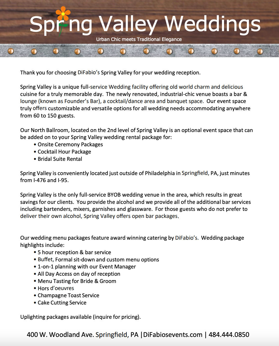 A brochure for spring valley weddings shows the wedding bar packages.