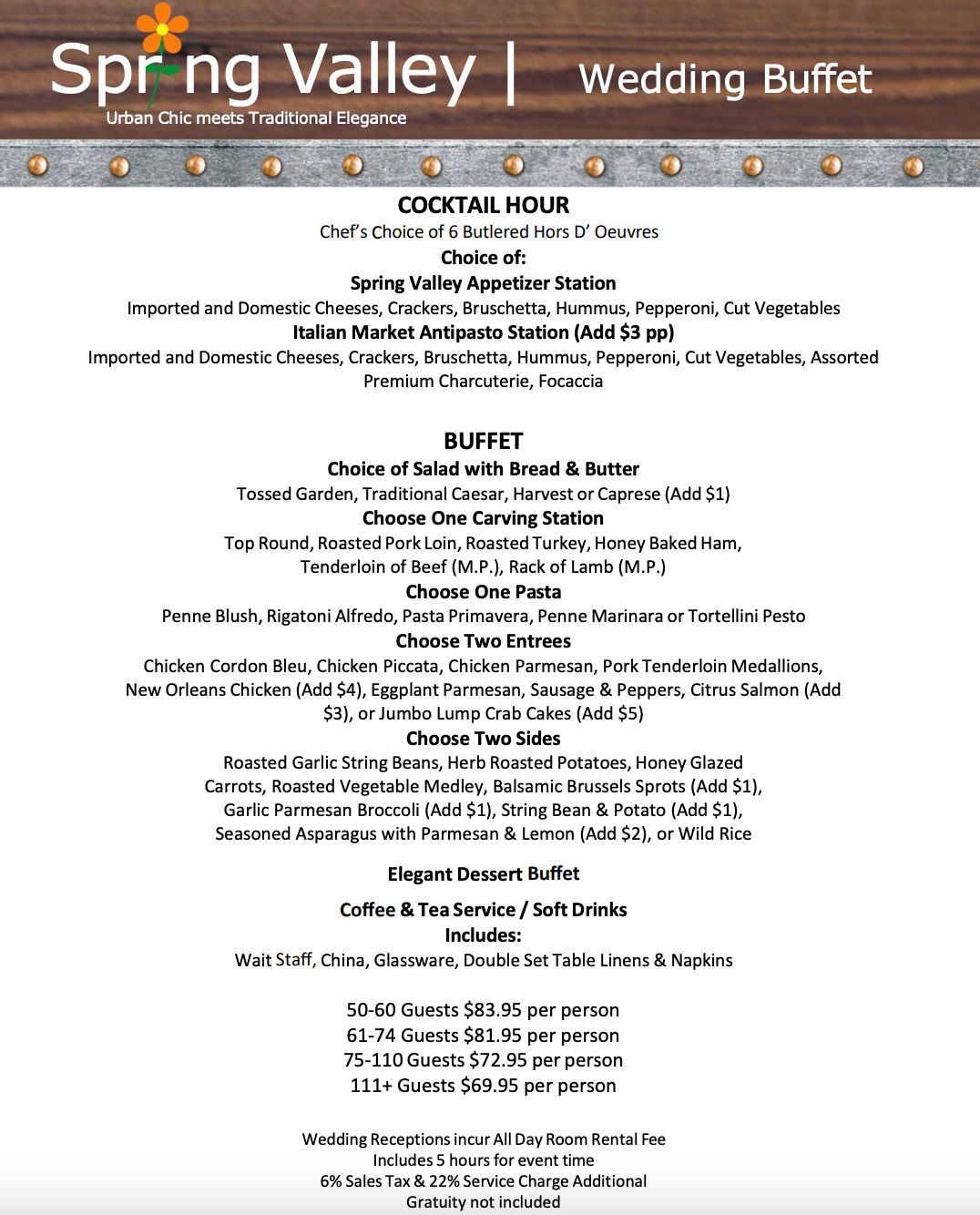 A menu for a wedding reception at spring valley