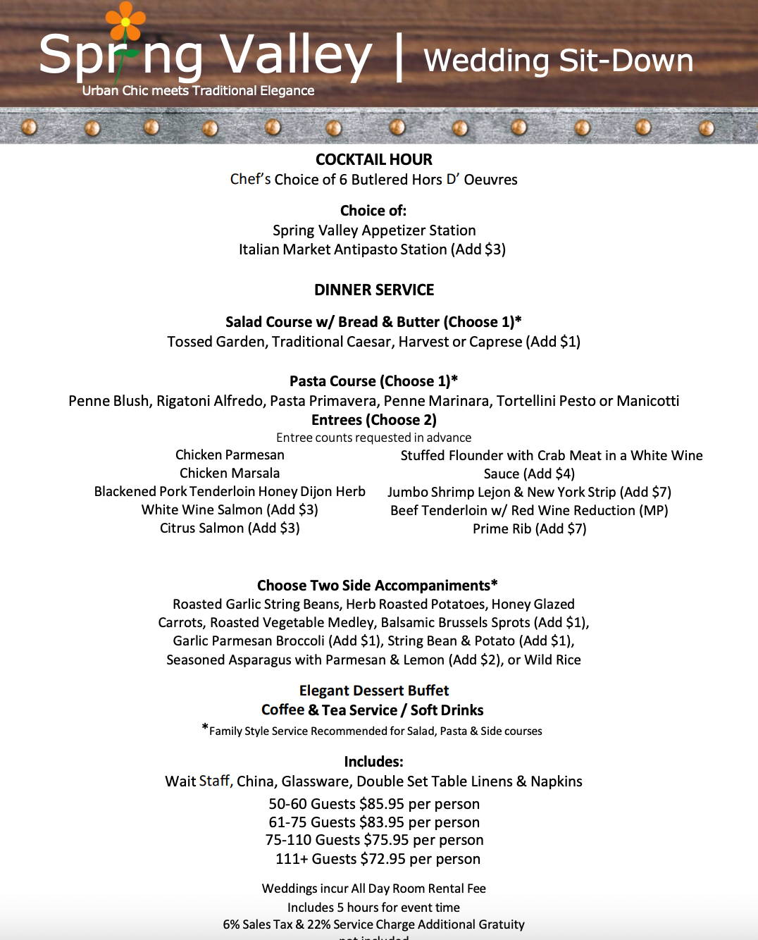 A menu for a wedding buffet at spring valley.