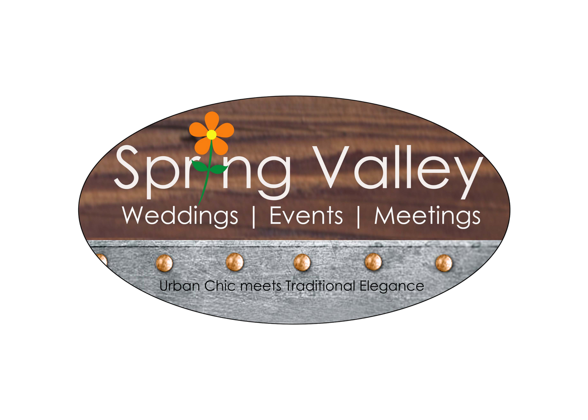 The logo for spring valley weddings events and meetings is a wooden sign with a flower on it.