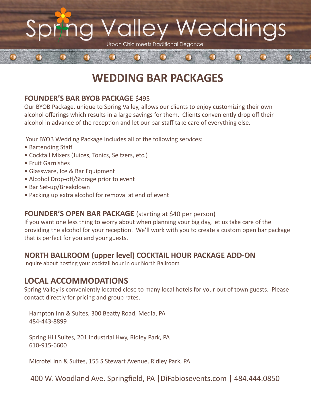 A brochure for spring valley weddings shows the wedding bar packages.