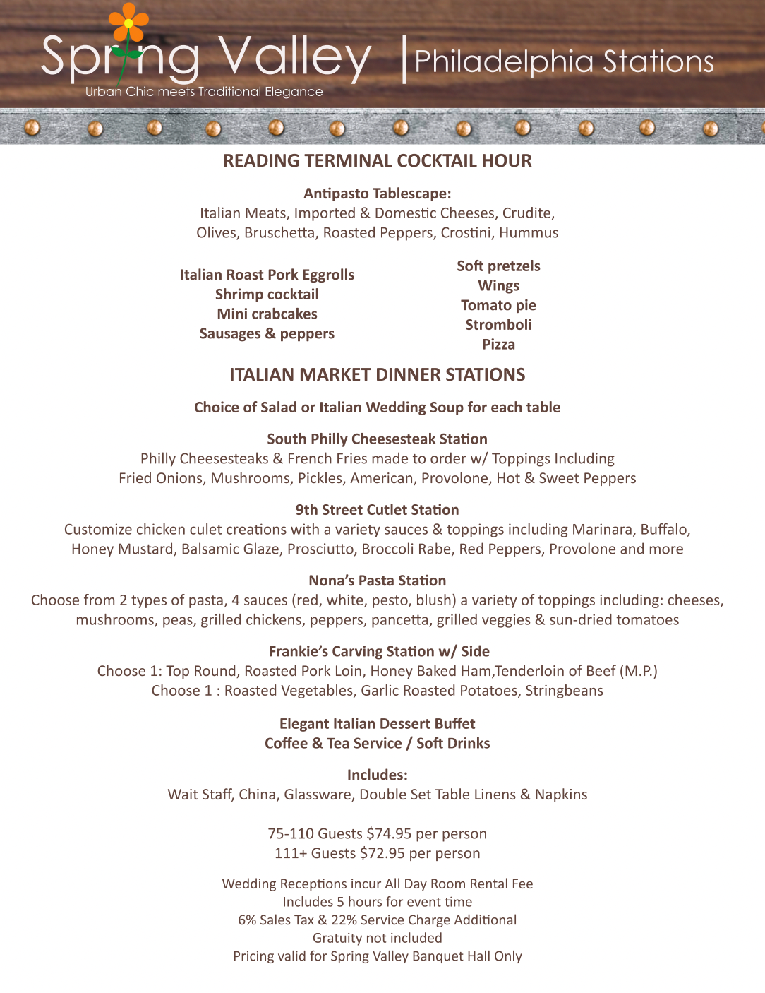 A menu for a restaurant called spring valley in philadelphia.