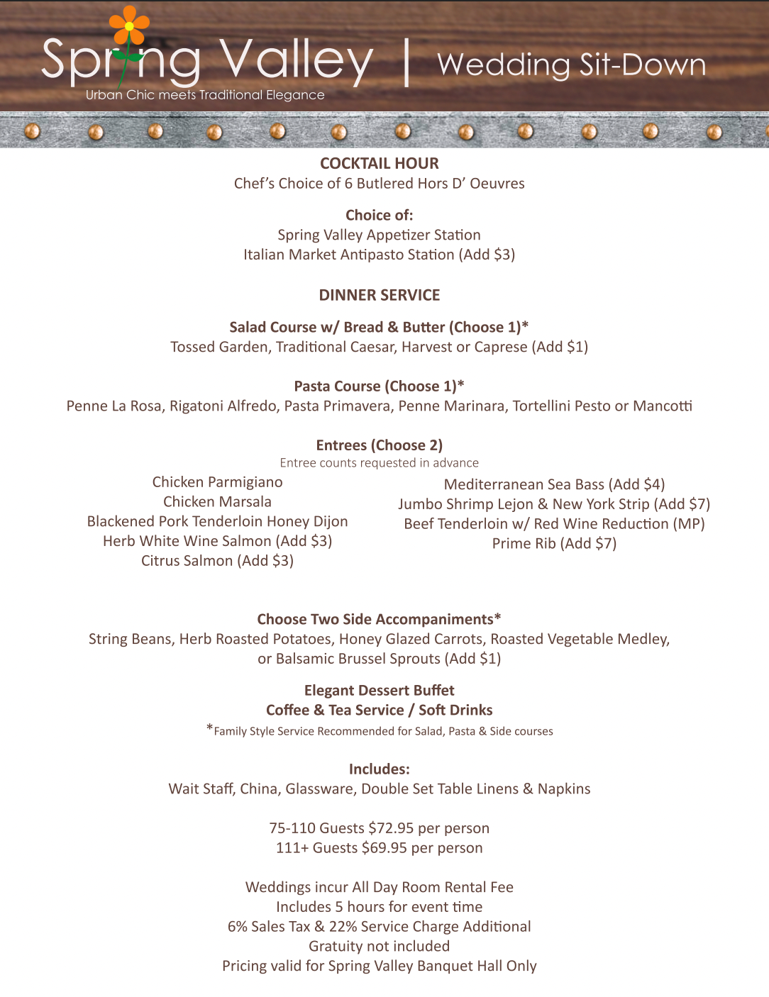 A menu for a wedding reception at spring valley