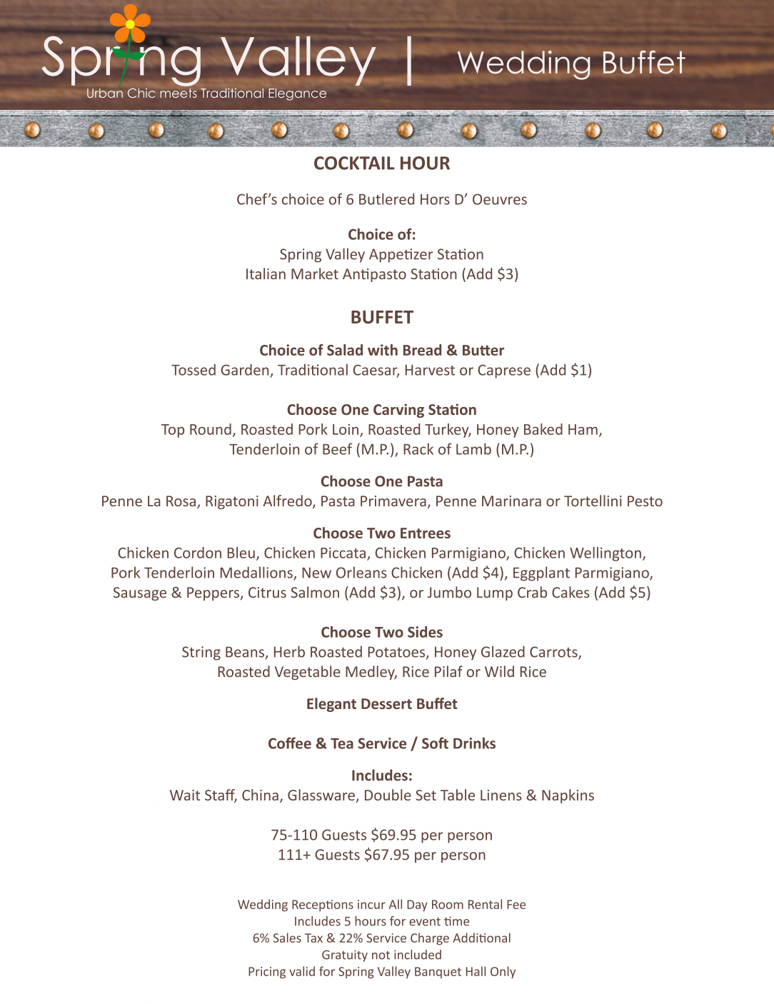 A menu for a wedding buffet at spring valley.