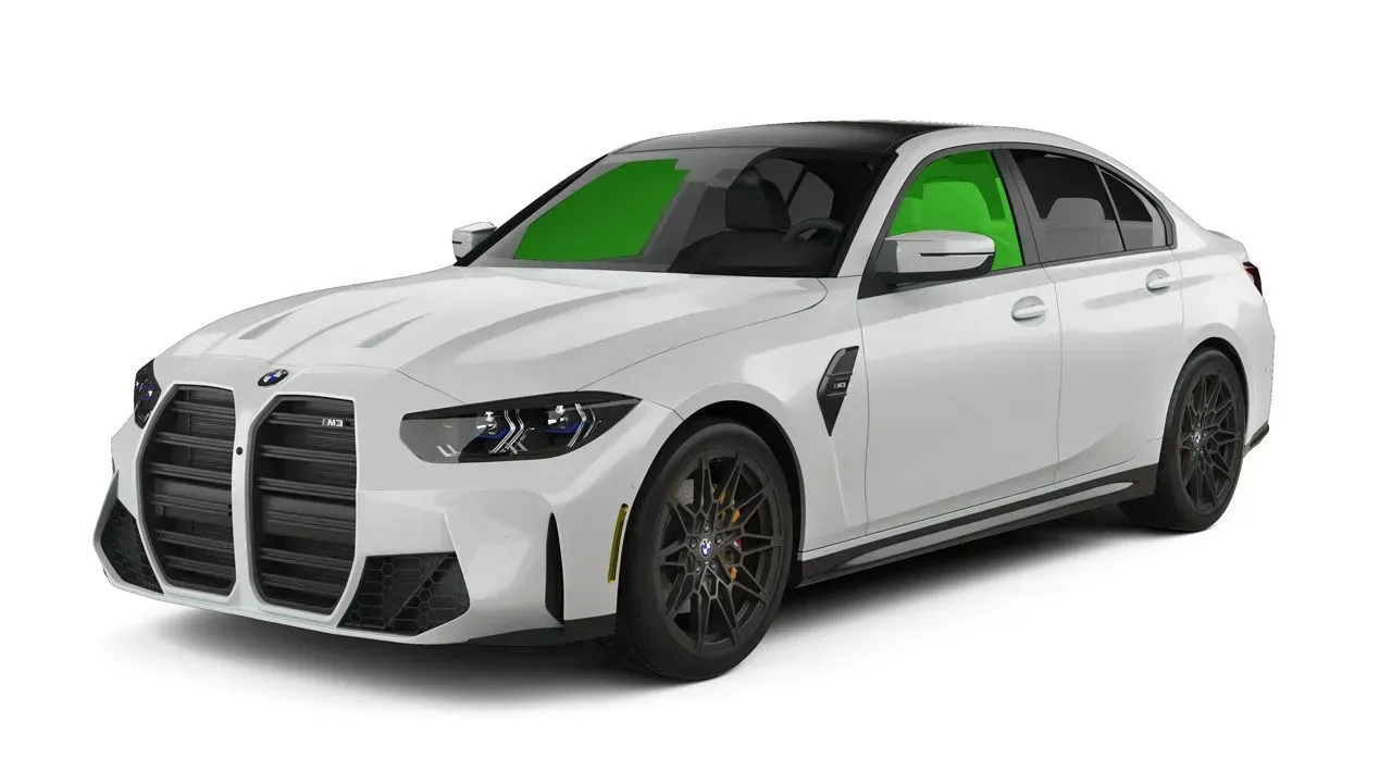 A white bmw m3 with a green window tint on a white background.