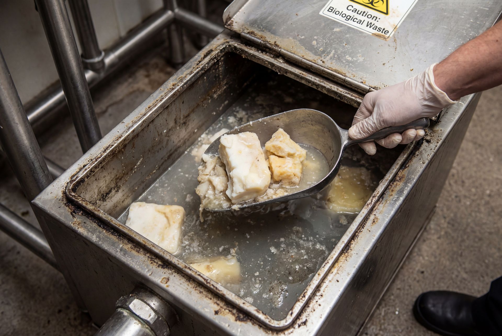 A gloved hand uses a metal scoop to remove solidified grease and food waste from a stainless steel grease trap.