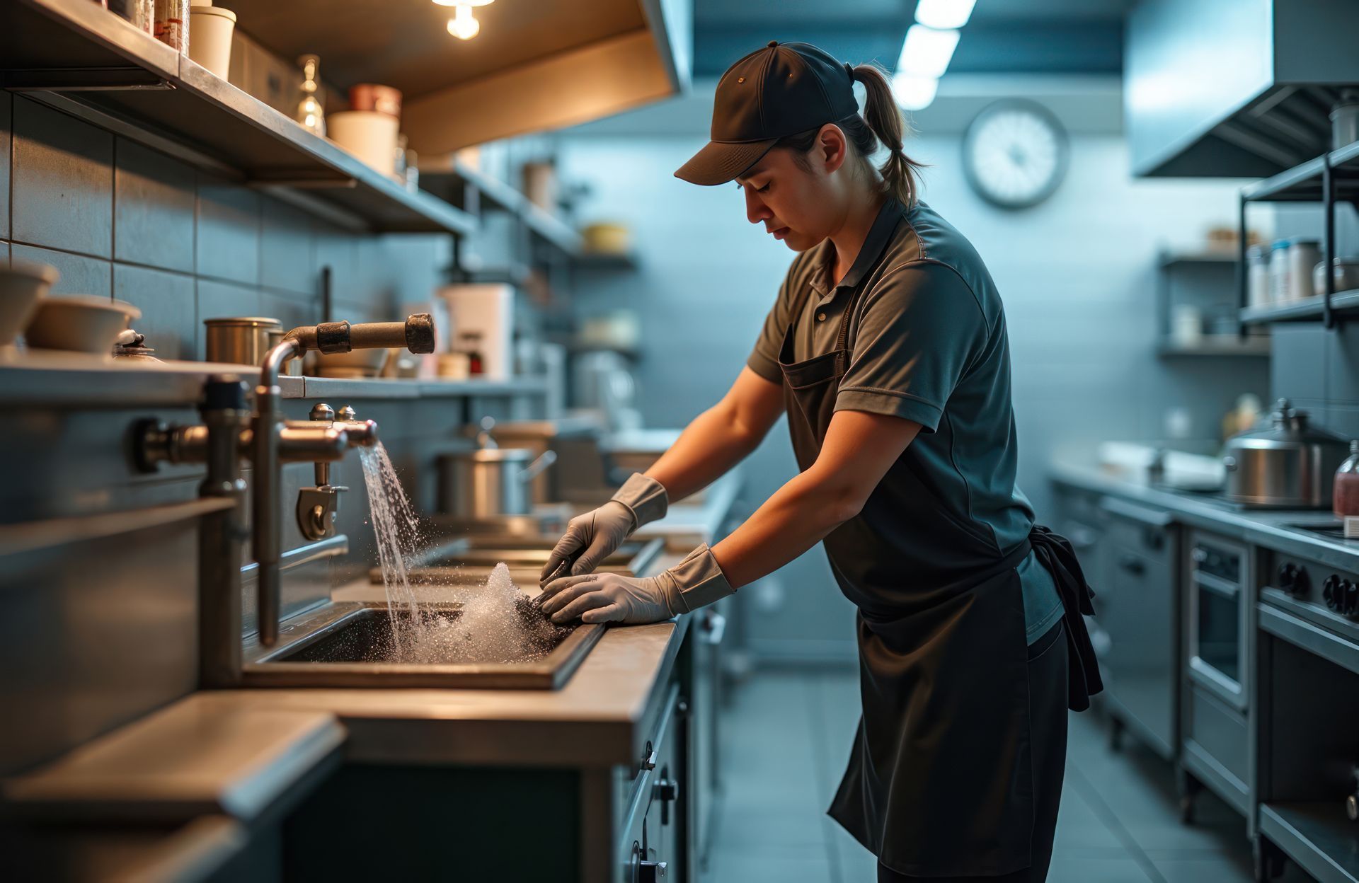 woman cleaning grease trap system