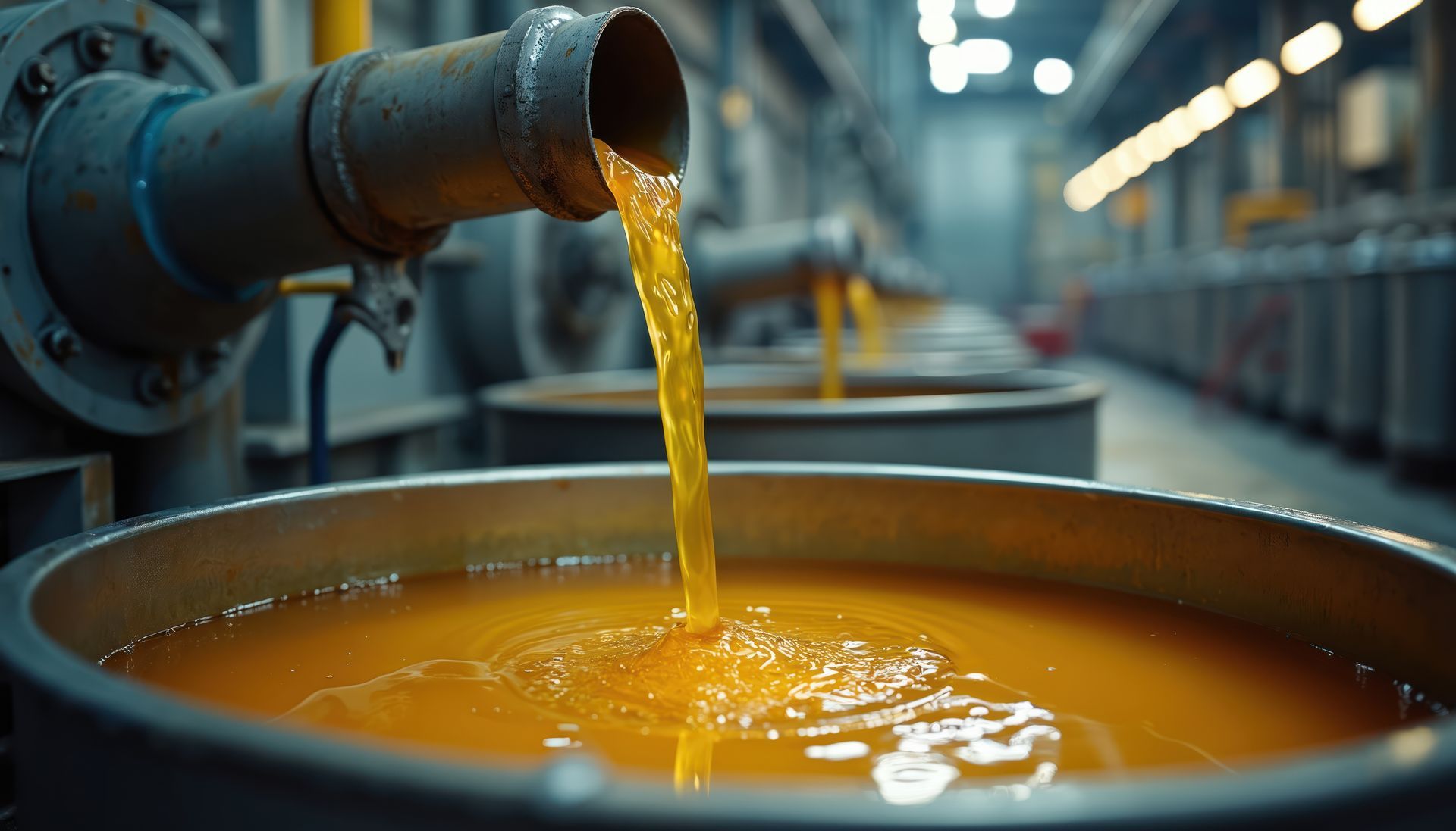 used cooking oil  pouring from a pipe into a large metal vat 