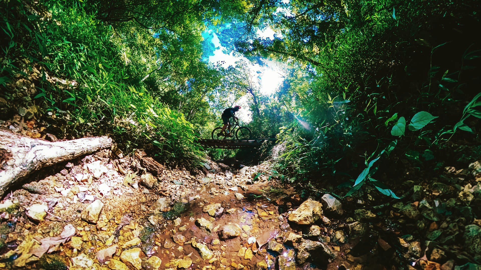 Two mountain bikers jump over a stone bridge in a lush green park