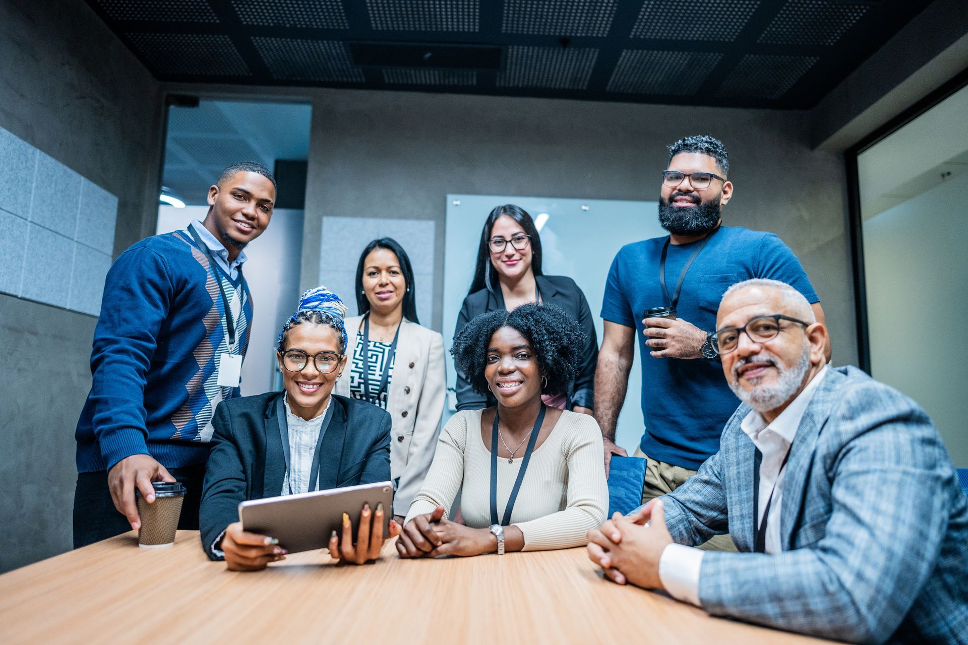 A group of business people are having a meeting in an office.