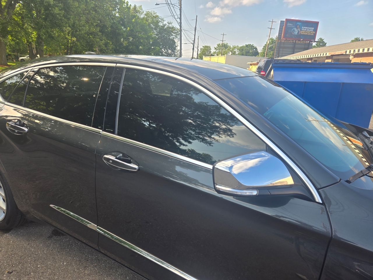 Dark gray car with tinted windows parked outside on a sunny day.