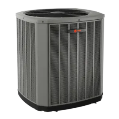 A gray air conditioner is sitting on a white surface.