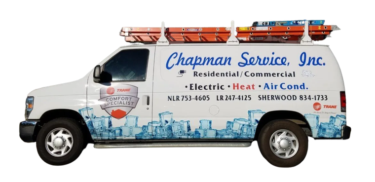 a chapman service inc. van with a ladder on top of it .