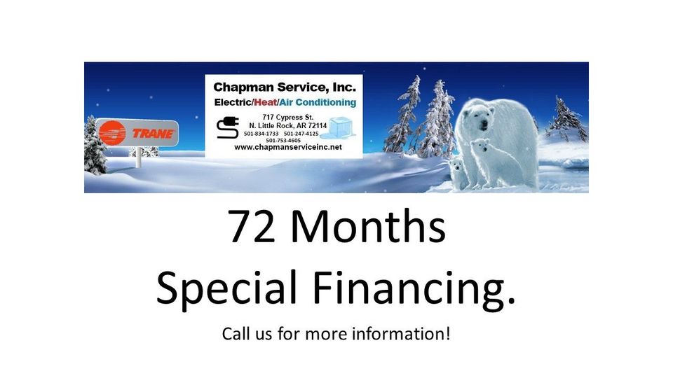 TRANE special financing offer from chapman service in with polar bears, snow, and christmas trees in the background