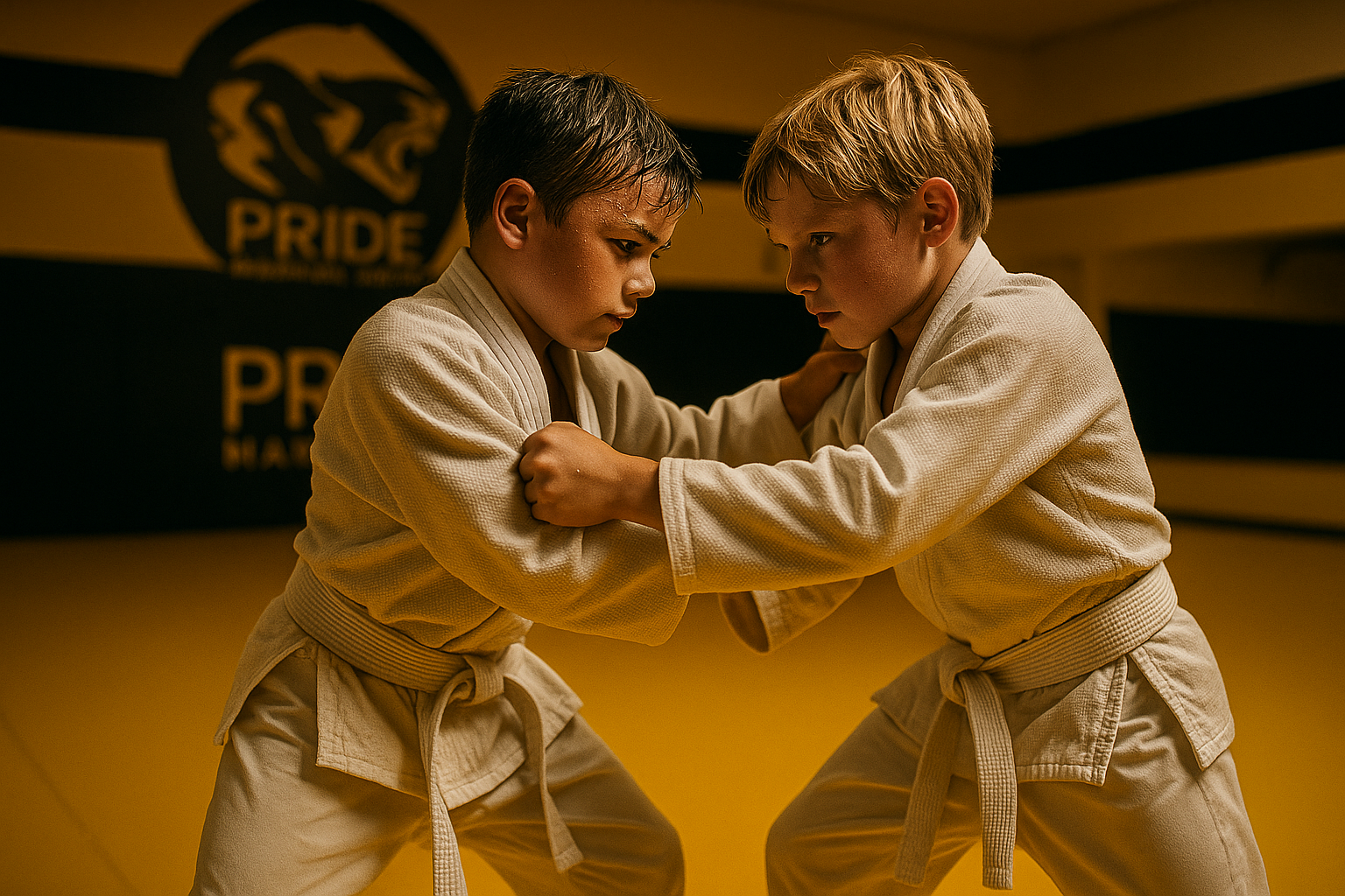 Two boys in white gis face each other in a judo stance at Pride Martial Arts in New Lenox
