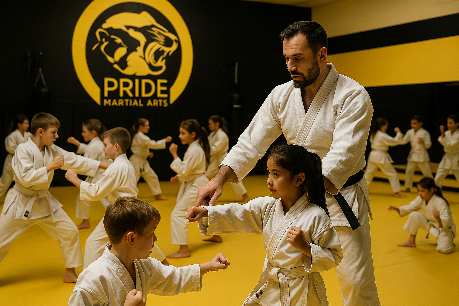Pride Martial arts class: children practice punches with instructor's guidance. Yellow mats, black uniforms, Pride logo.