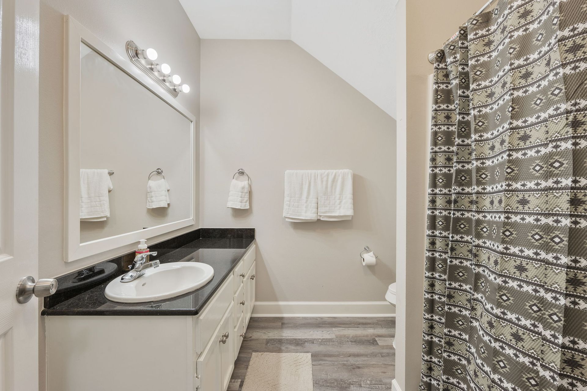 Modern bathroom with a white vanity, black countertop, large mirror, and a patterned shower curtain.