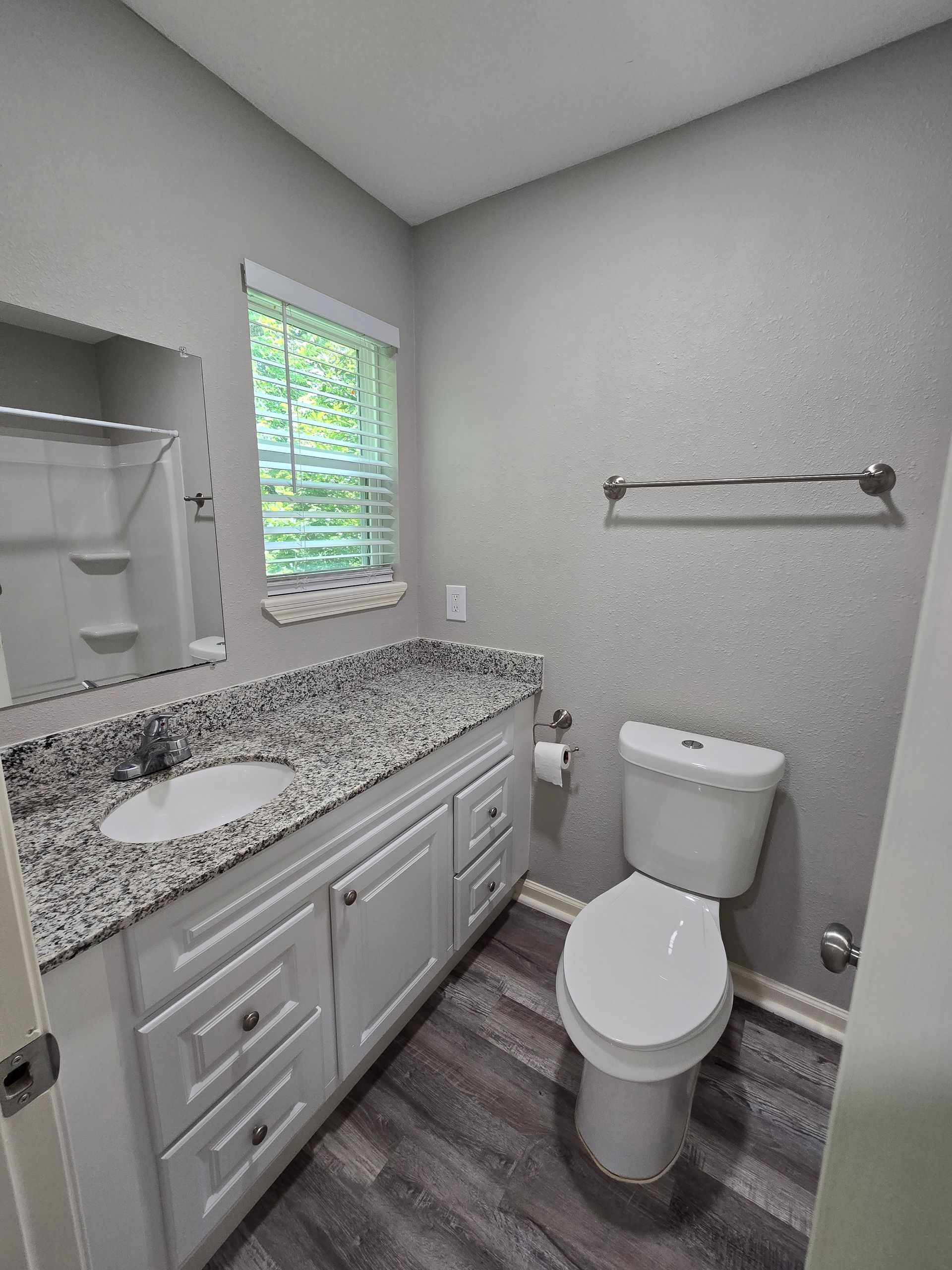 A modern bathroom with grey walls, a white vanity cabinet with granite countertop, a toilet, and grey wood-look flooring.