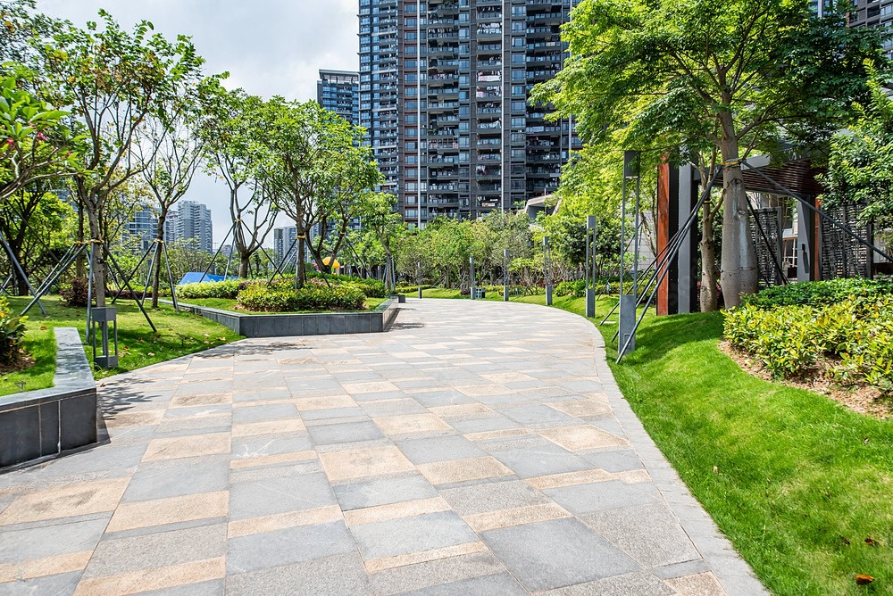 A path in a park with trees and buildings in the background.