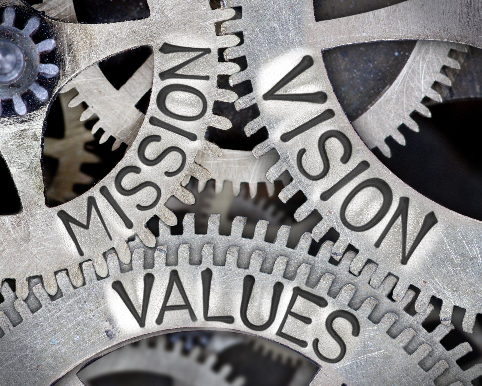 A gear with the words mission vision and values written on it