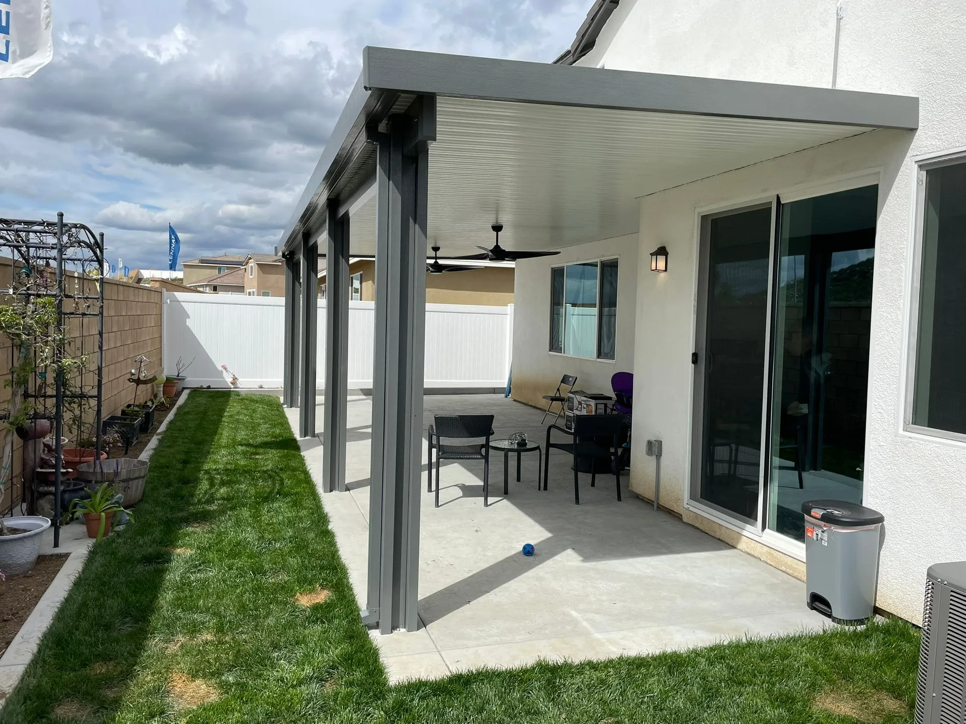 Modern look with smooth facia, gorgeous Alumawood patio cover in Winchester, CA.