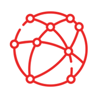 Un icono de línea roja de un globo con líneas conectadas a él.