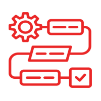 Un icono de línea roja de un proceso con un engranaje y una marca de verificación.