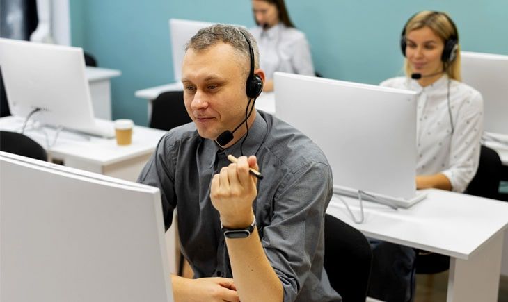 Un hombre que lleva unos auriculares está sentado delante de una computadora en un centro de llamadas.