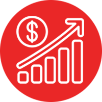 Un círculo rojo con un signo de dólar y una flecha apuntando hacia arriba.