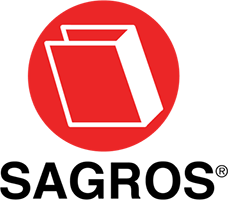 El logotipo de Sagros es un círculo rojo con un libro dentro.