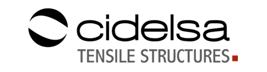 Un logotipo en blanco y negro para estructuras tensadas Cidelsa.