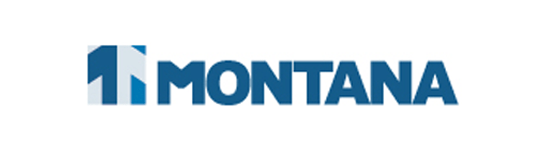 Un logotipo azul y blanco para Montana sobre un fondo blanco.