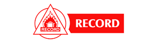 Un logotipo de disco rojo y blanco sobre un fondo blanco