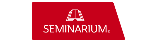 Un logotipo de seminario rojo sobre un fondo blanco