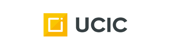 El logotipo de ucic es amarillo y negro con un cuadrado en el medio.